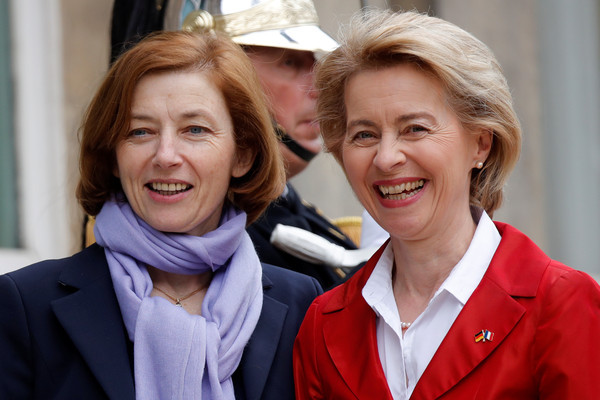 French Minister of the Armed Forces Florence Parly greets German Defence Minister Ursula von der Leyen upon her arrival at Hotel de Brienne in Paris